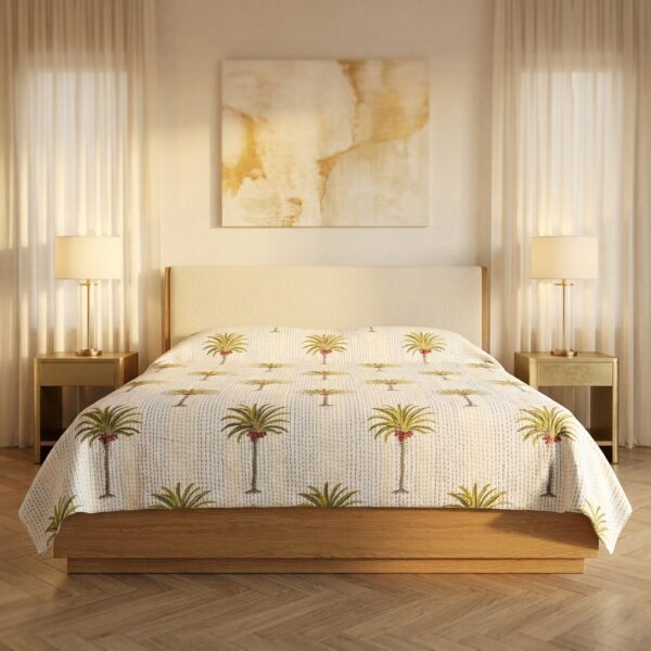 Cream Palm Tree Handcrafted Cotton Bedsheet