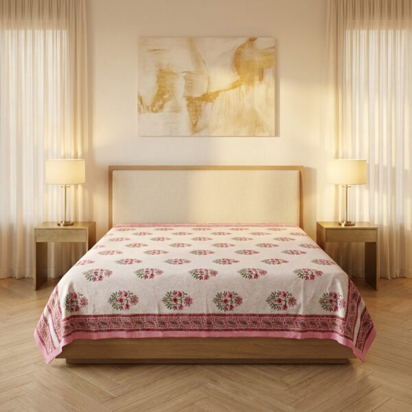 Rose Pink Floral Buti Hand-Block Print Bedsheet